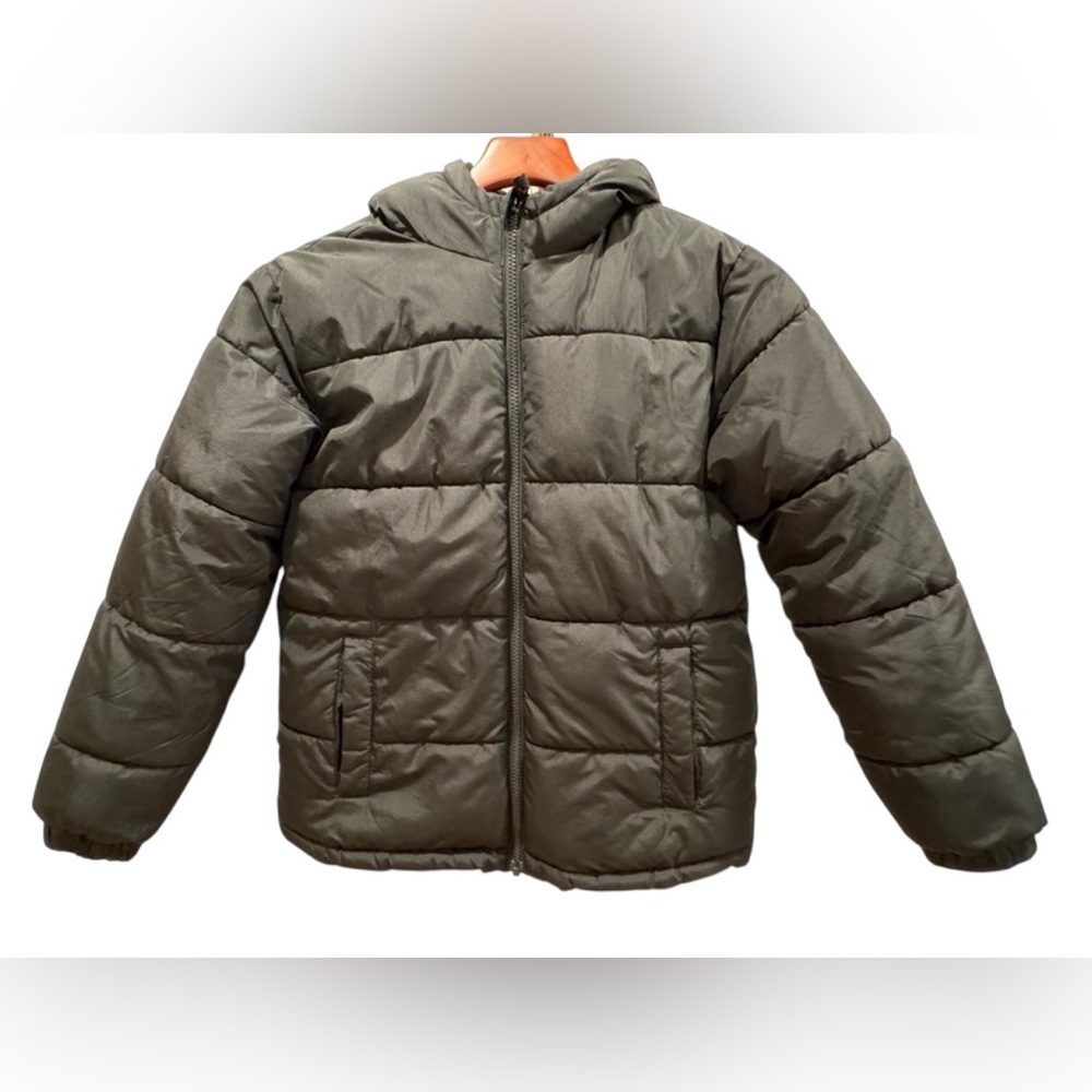 Swiss Tech Boys Hooded Puffer Jacket Dark Olive Gray Fleece Lined Size L‎ 10/12